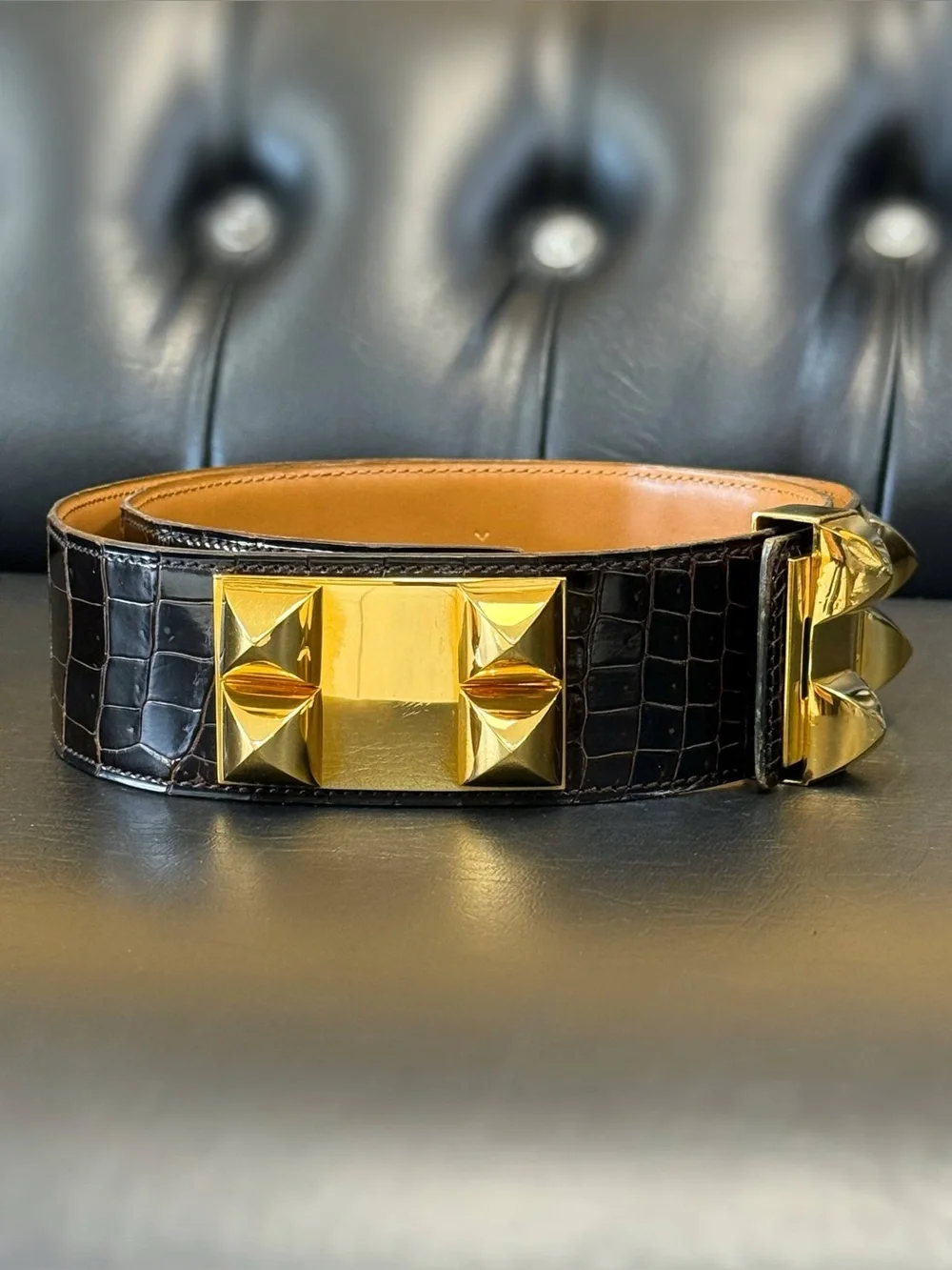 Vintage Hermès Medor Ebene brown CROC collier de chien crocodile belt